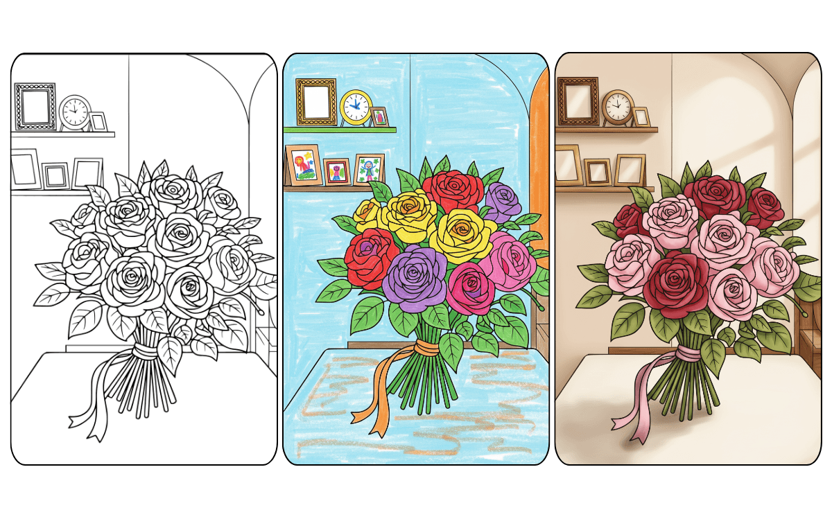 Rose Coloring Page Coloring page of a rose bouquet in three coloring stages.