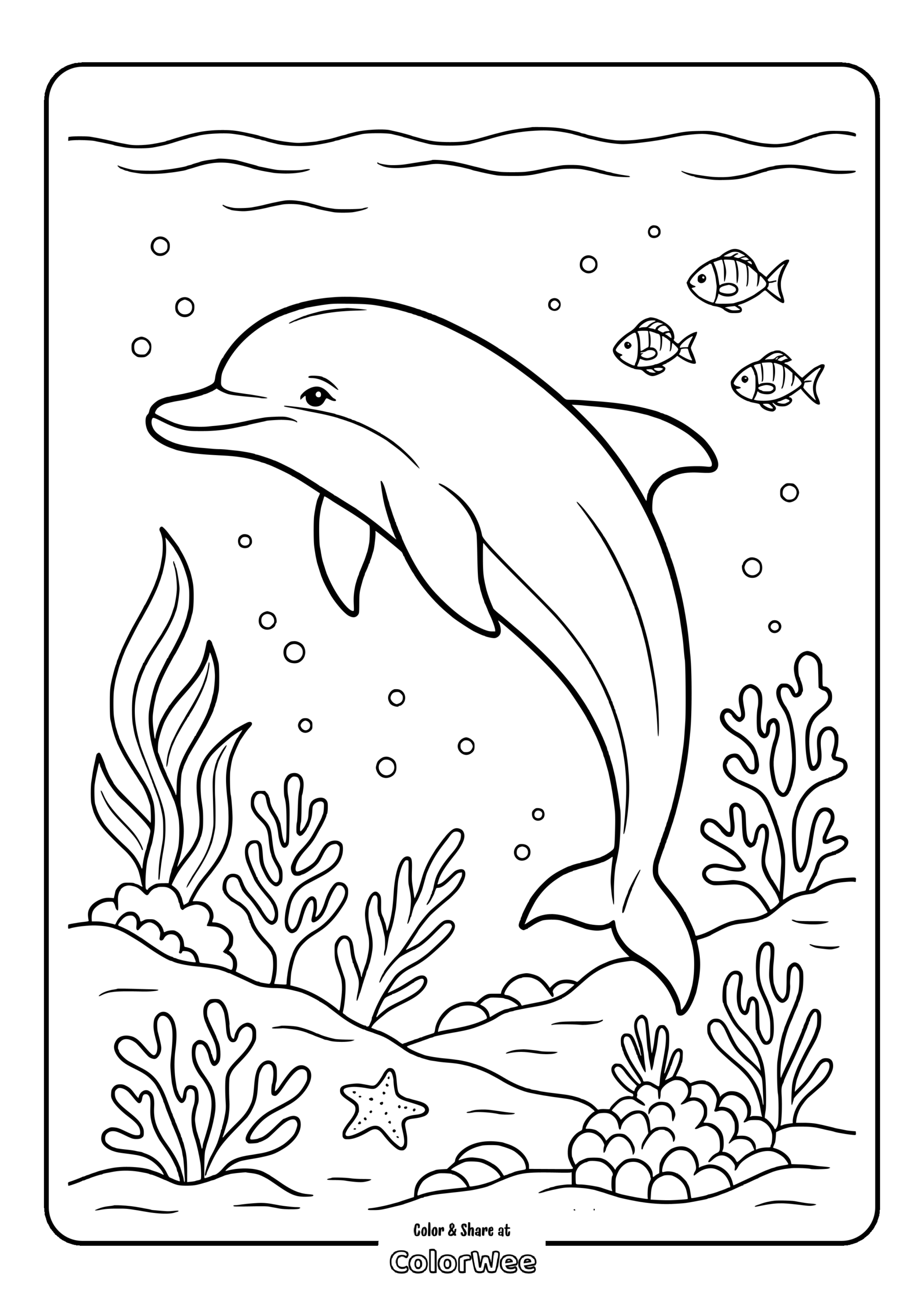 Dolphin and fish underwater coloring page printable for kids.