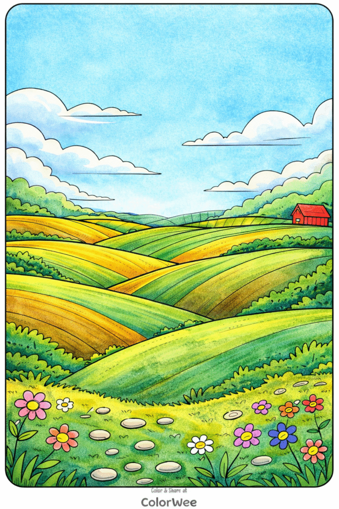 Colorful countryside landscape with hills and flowers, perfect for coloring.
