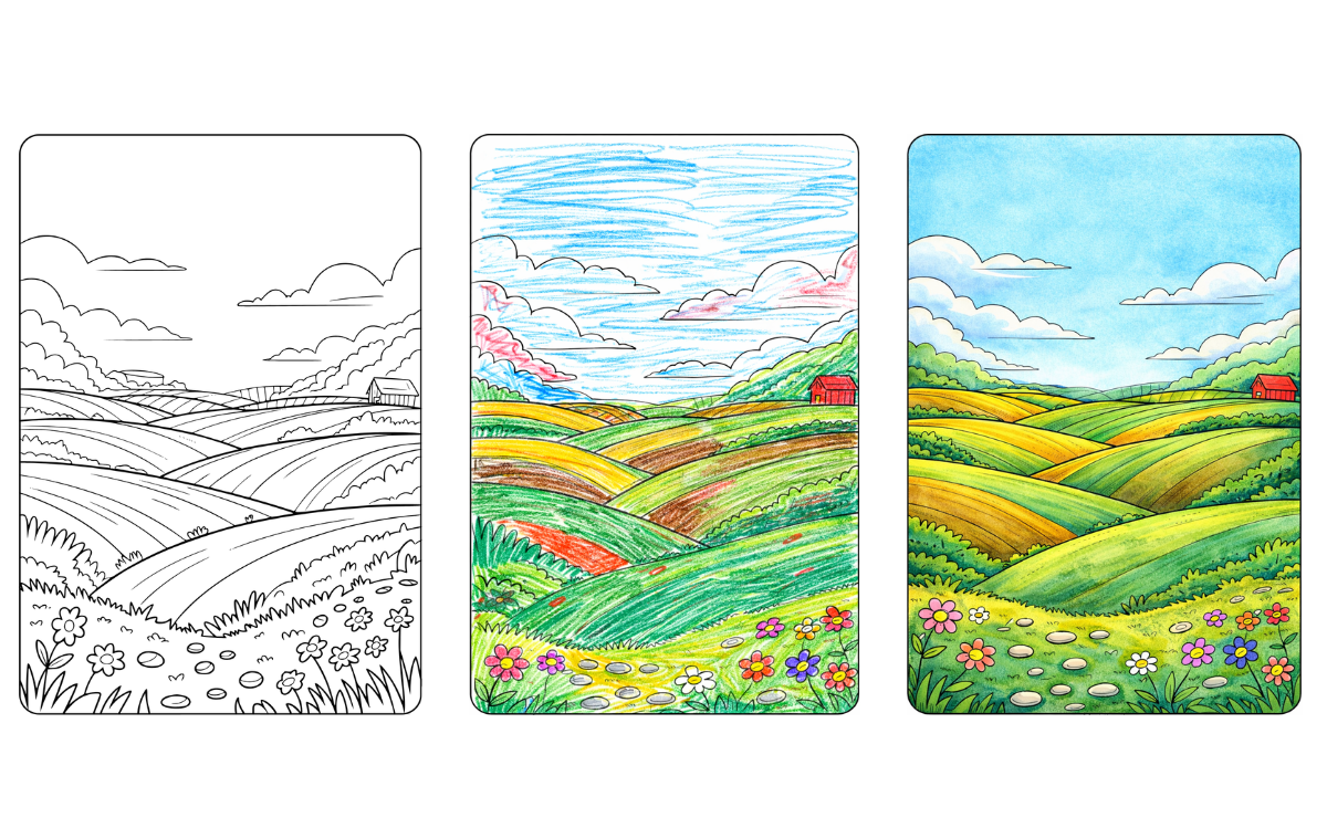 Coloring page of scenic rolling hills and a country landscape.