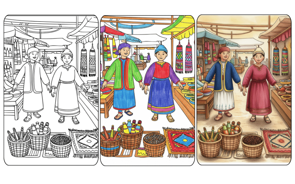 Coloring page of kids in vibrant traditional market scene.