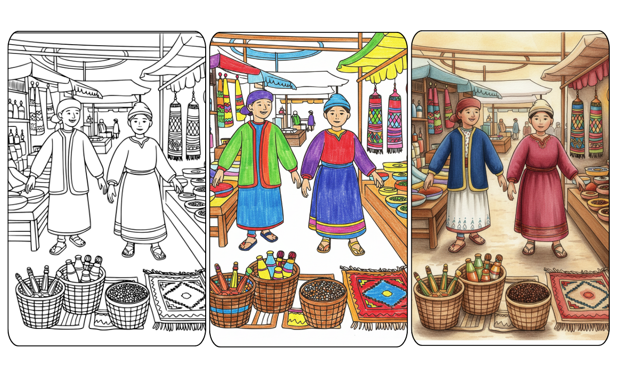 Turkish Coloring Page Coloring page of kids in vibrant traditional market scene.
