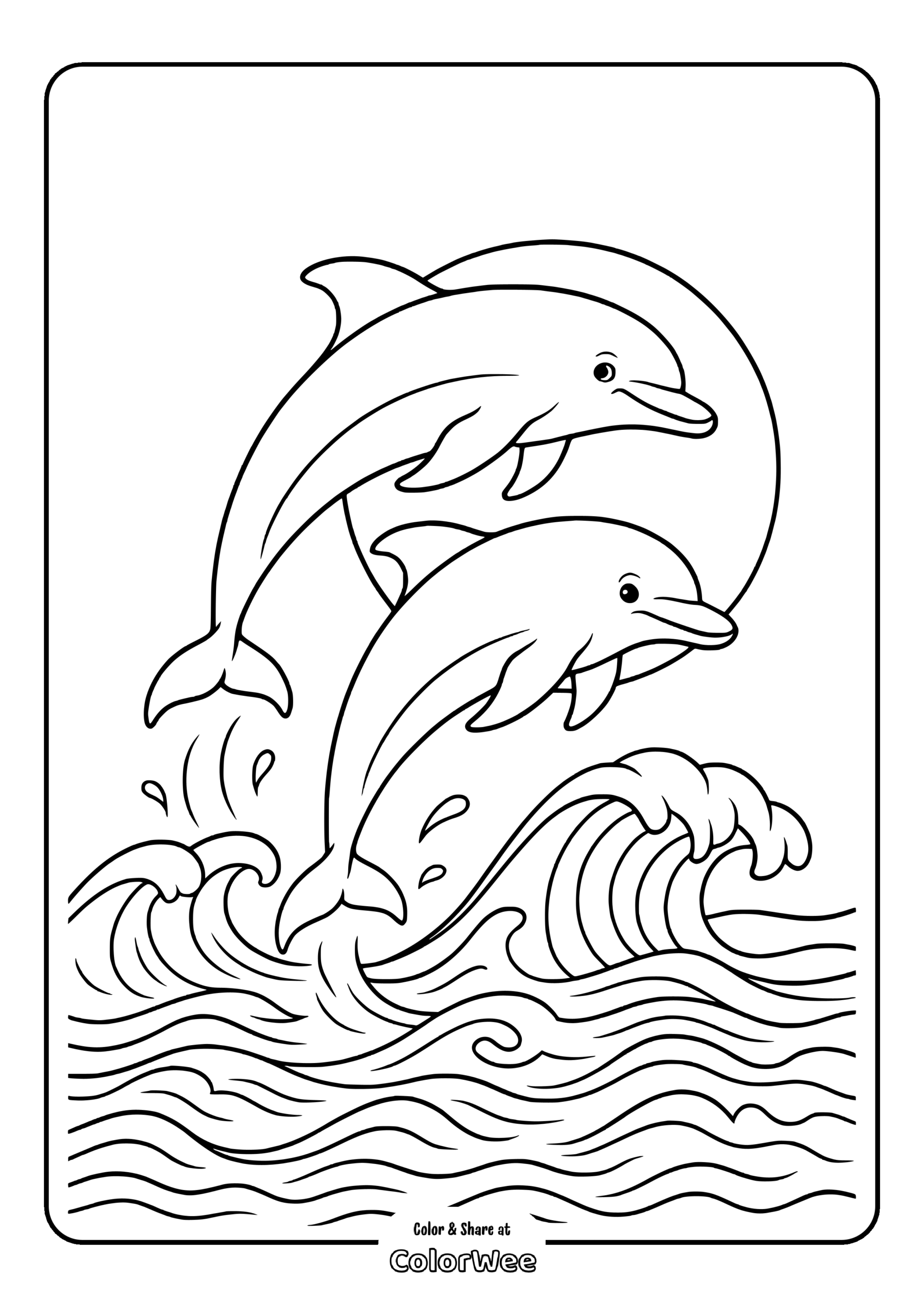 Two dolphins jumping over ocean waves coloring page.