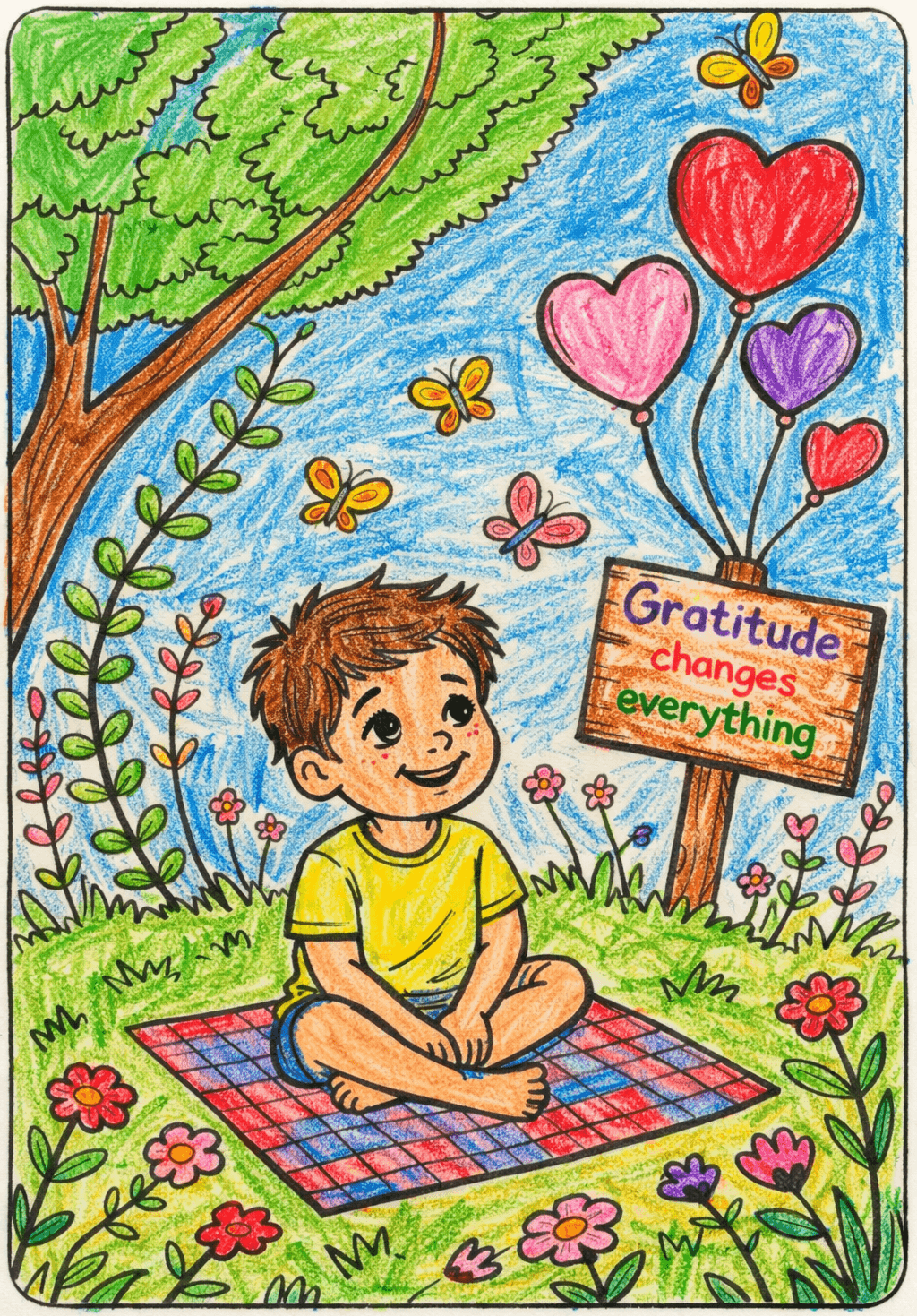 Uplifting Coloring Pages 1 1 Kid in nature with butterflies, balloons, Gratitude changes everything sign.