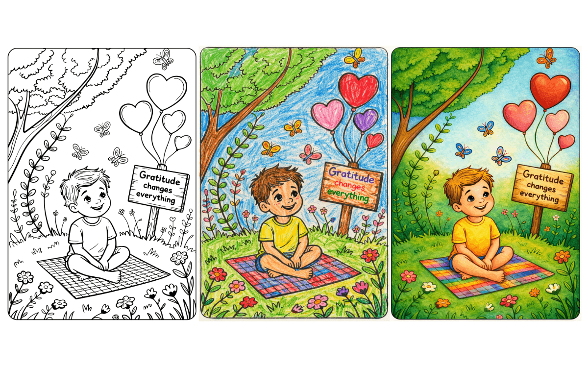 Uplifting Coloring Pages Child sitting under trees with balloons and sign saying Gratitude changes everything.