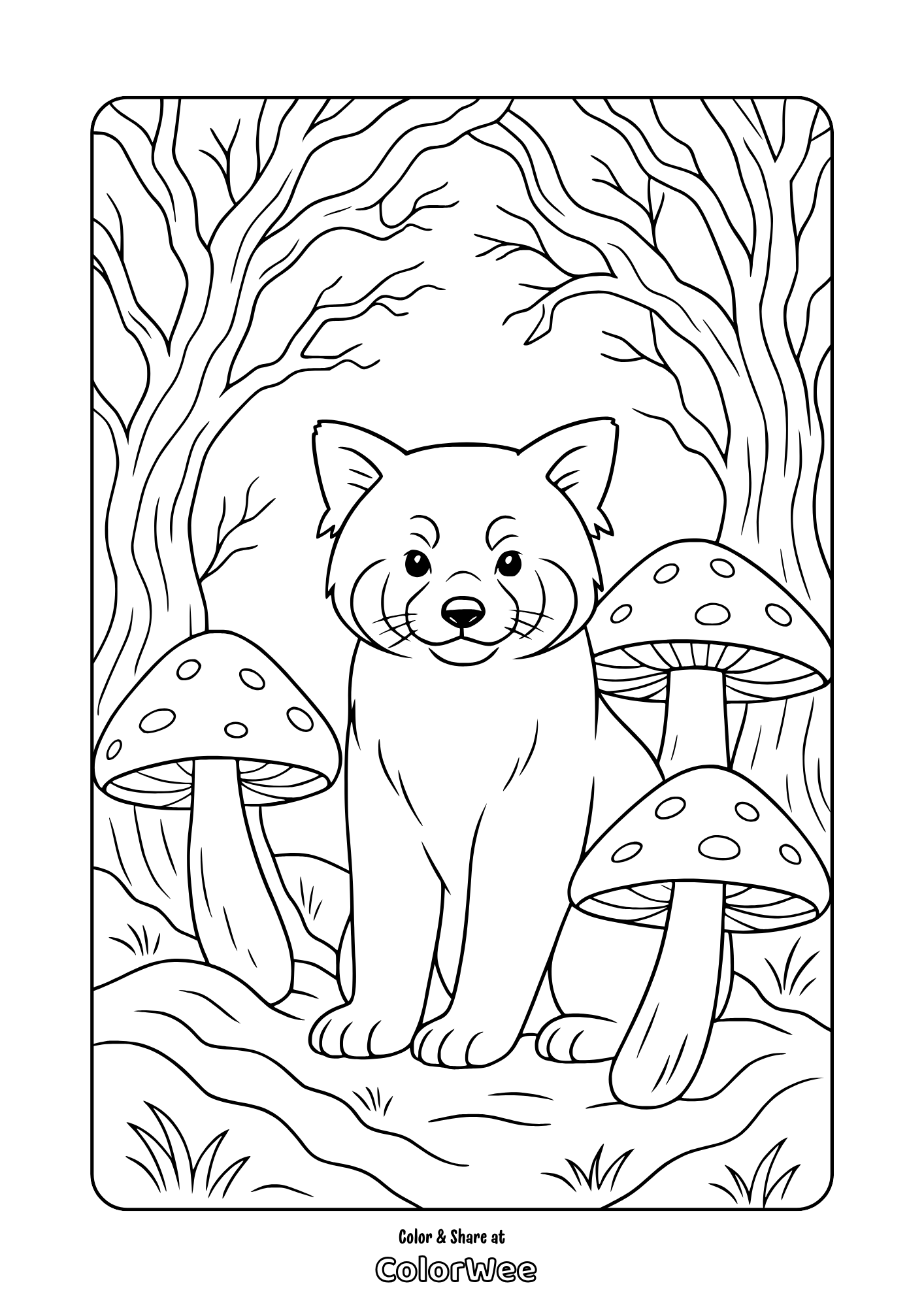 Adorable and realistic red panda with mushrooms in a forest coloring page