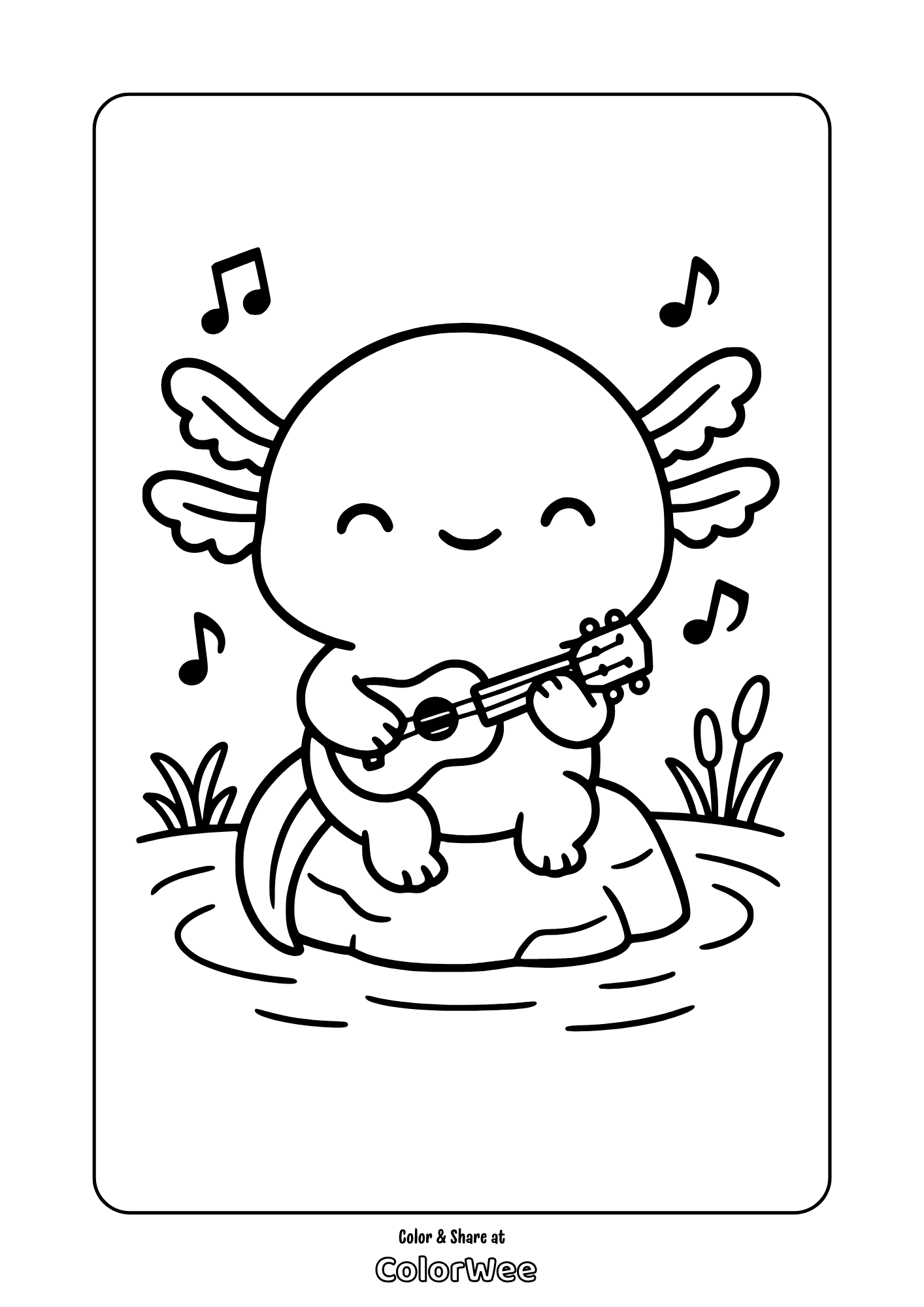 Adorable axolotl plays guitar on a rock by the pond, music notes float around.