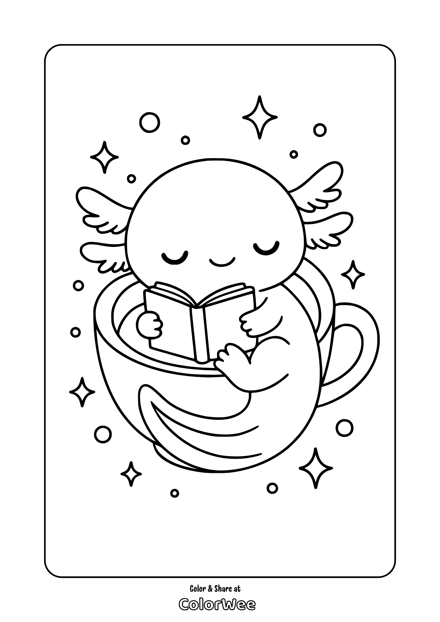 Adorable axolotl reading in teacup coloring page with stars and smile.