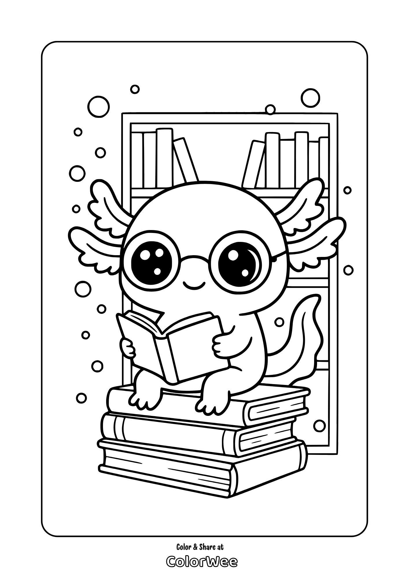 Adorable kawaii axolotl reading on a stack of books coloring page.