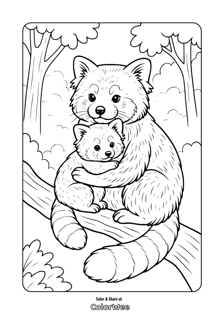 Adorable realistic red panda mom and cub on tree coloring page.