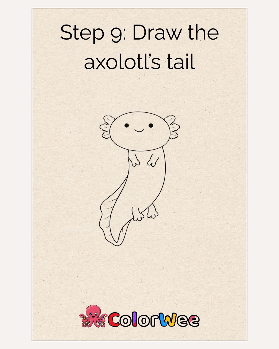 Axolotl drawing guide: Step 9, draw the tail.