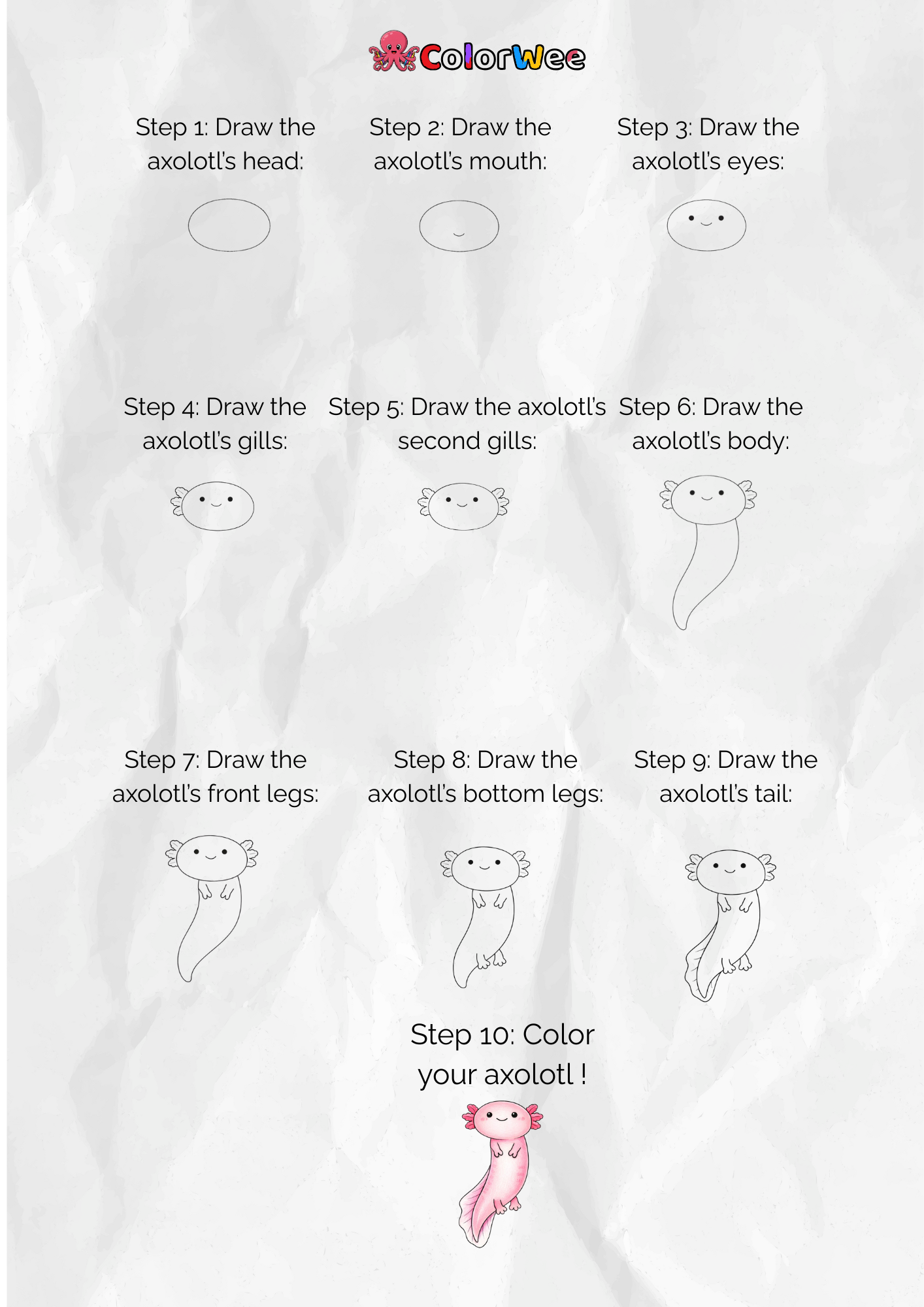 Axolotl drawing tutorial full guide. From step 1 to step 10.
