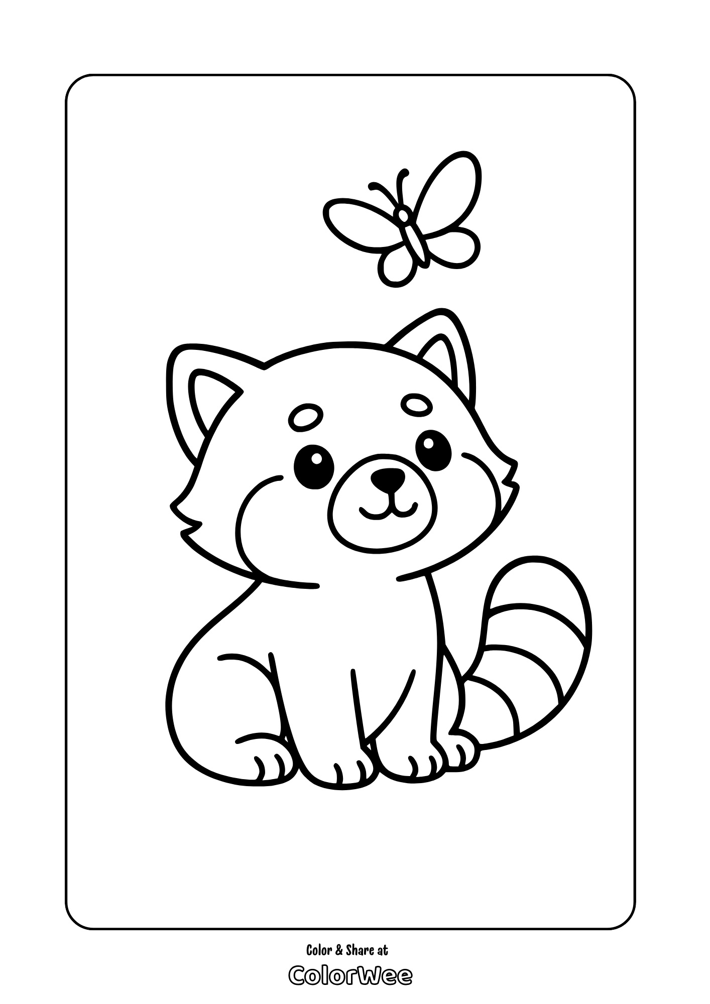 baby red panda butterfly coloring page Cute raccoon and butterfly coloring page for kids.