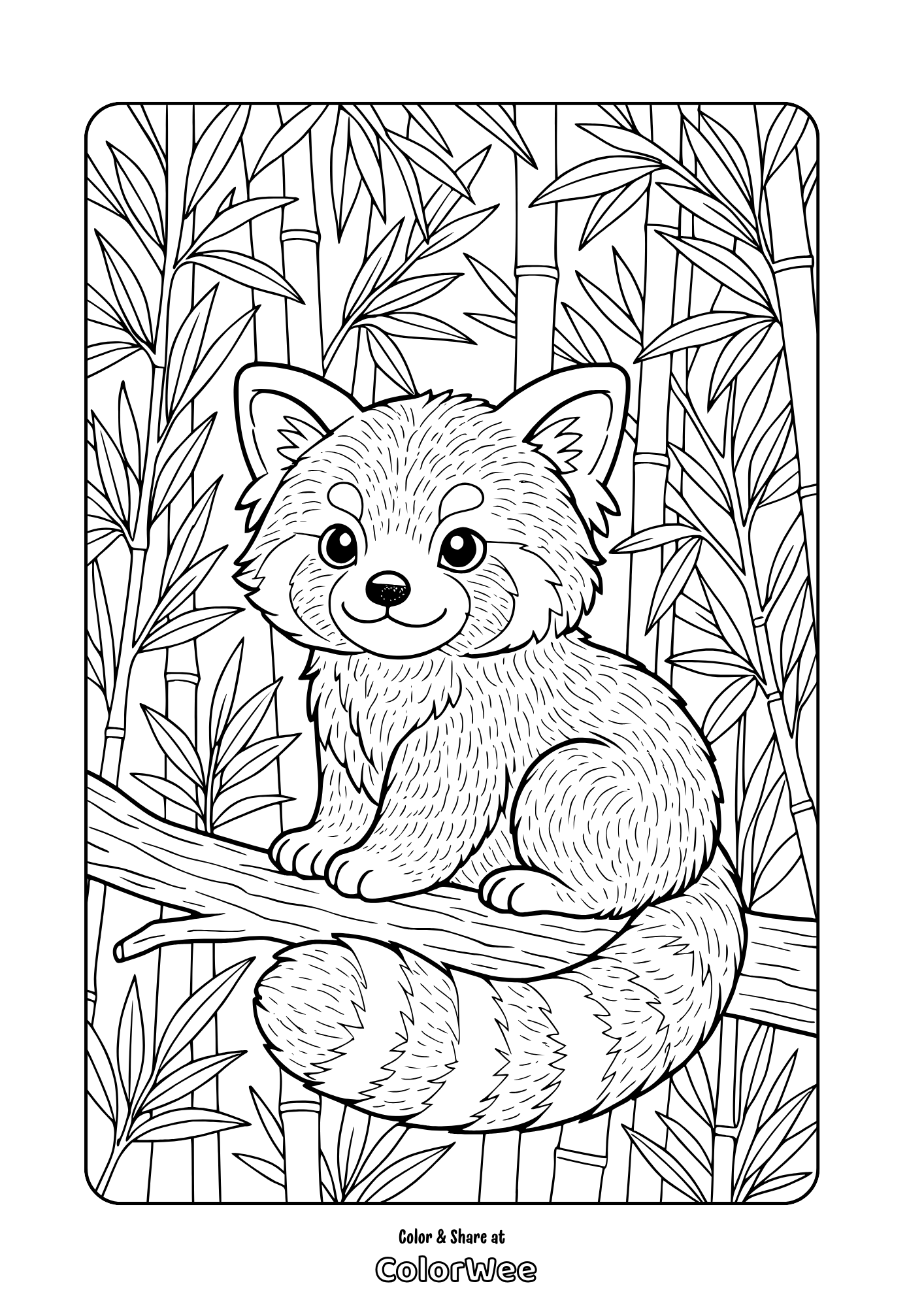 baby red panda realistic coloring page Red panda coloring page with bamboo background.