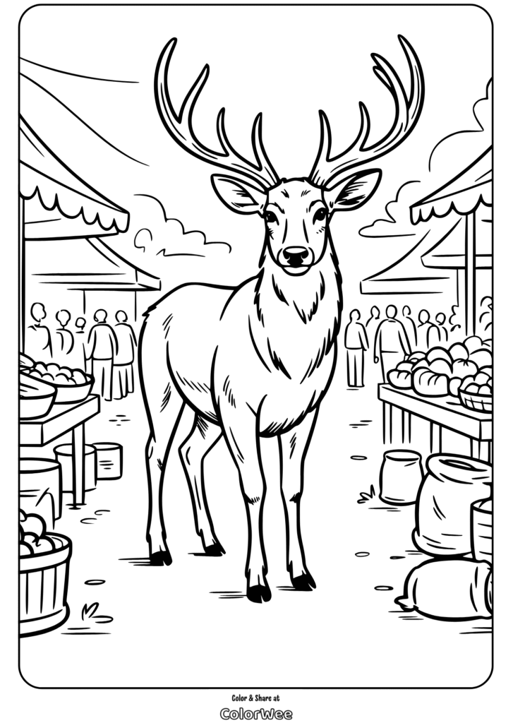 Deer at marketplace coloring page with tents and produce stalls.