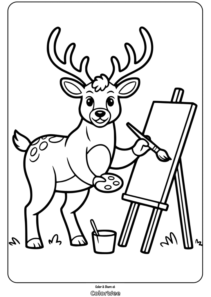 Deer painting with brush and easel coloring page for kids.