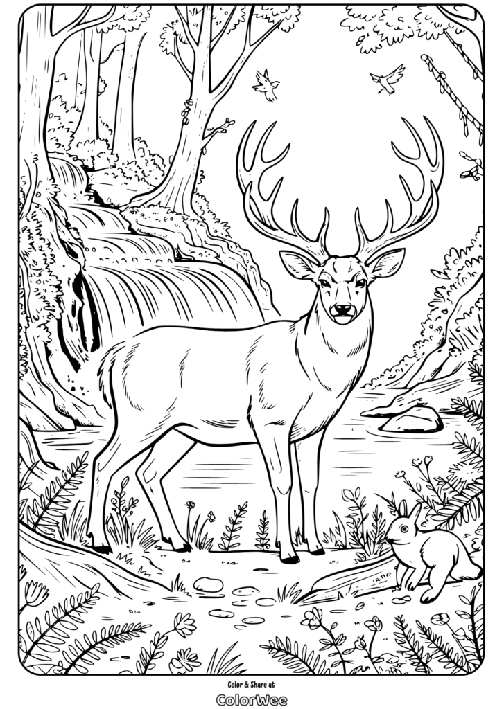 Deer and rabbit by waterfall coloring page for kids.