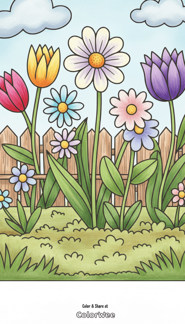 botanical coloring page 2 edited Coloring page: vibrant flowers and clouds in garden setting.