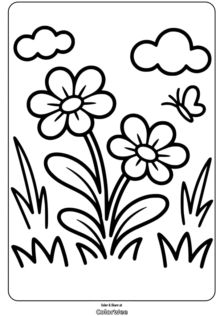 botanical flowers butterfly scene coloring page Kids flower and butterfly coloring page with clouds.