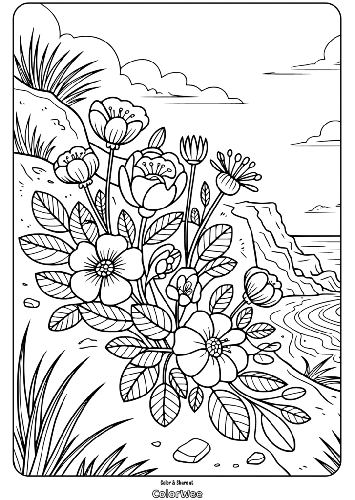 botanical flowers coastal cliff coloring page Coloring page with flowers by a coastal cliff scene.