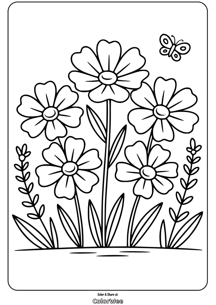 botanical flowers friendly garden coloring page Flowers and butterfly coloring page for kids and adults.