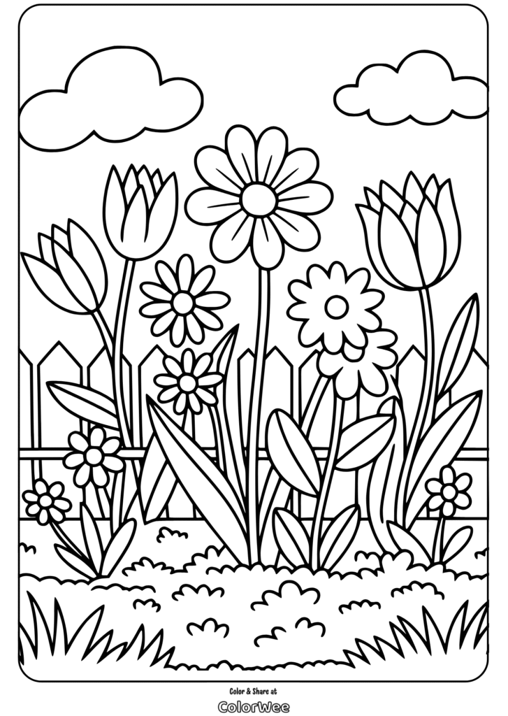 botanical flowers garden bed coloring page Flower garden coloring page with daisies and tulips, perfect for kids.