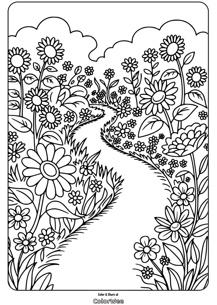 botanical flowers garden path coloring page Coloring page of a scenic path surrounded by blooming flowers.