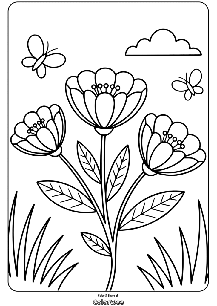 botanical flowers leafy bloom coloring page Flower and butterfly coloring page for kids