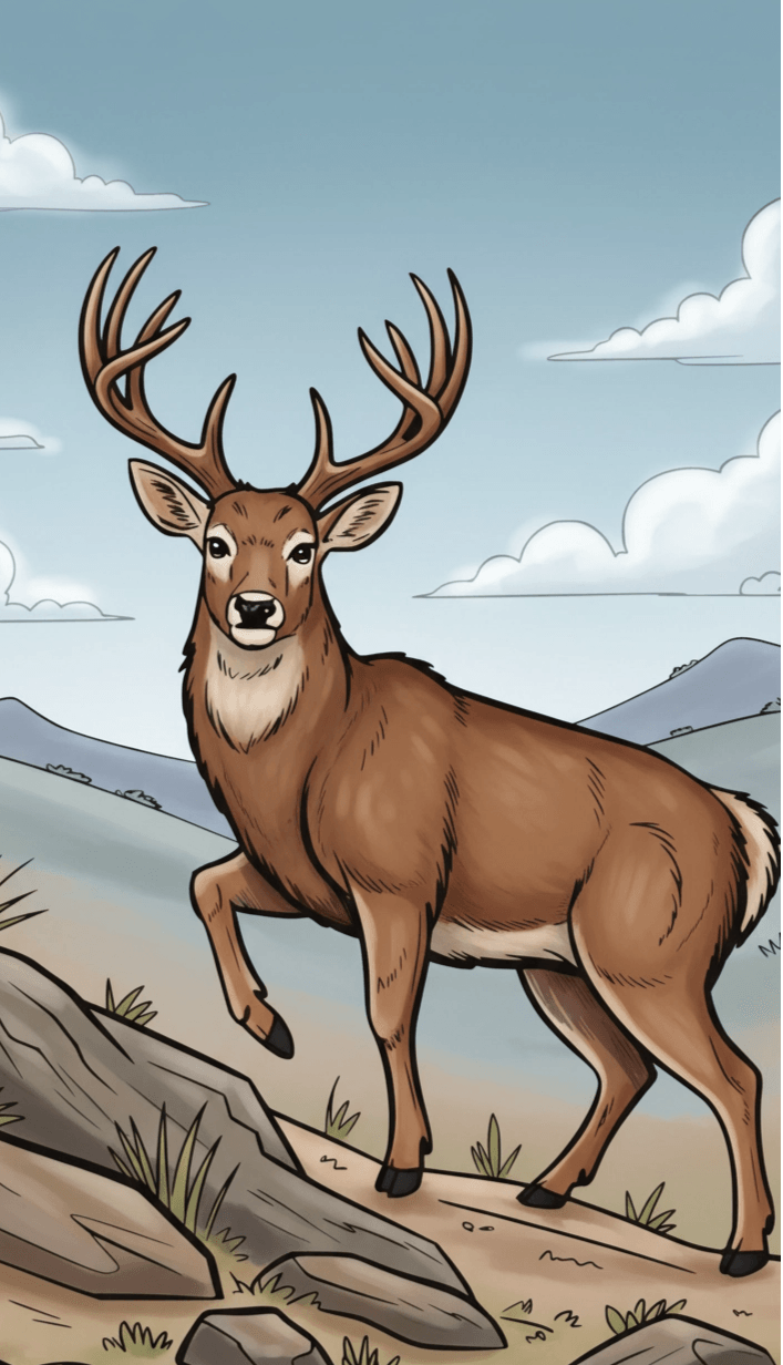Deer coloring page with antlers in a natural setting for kids