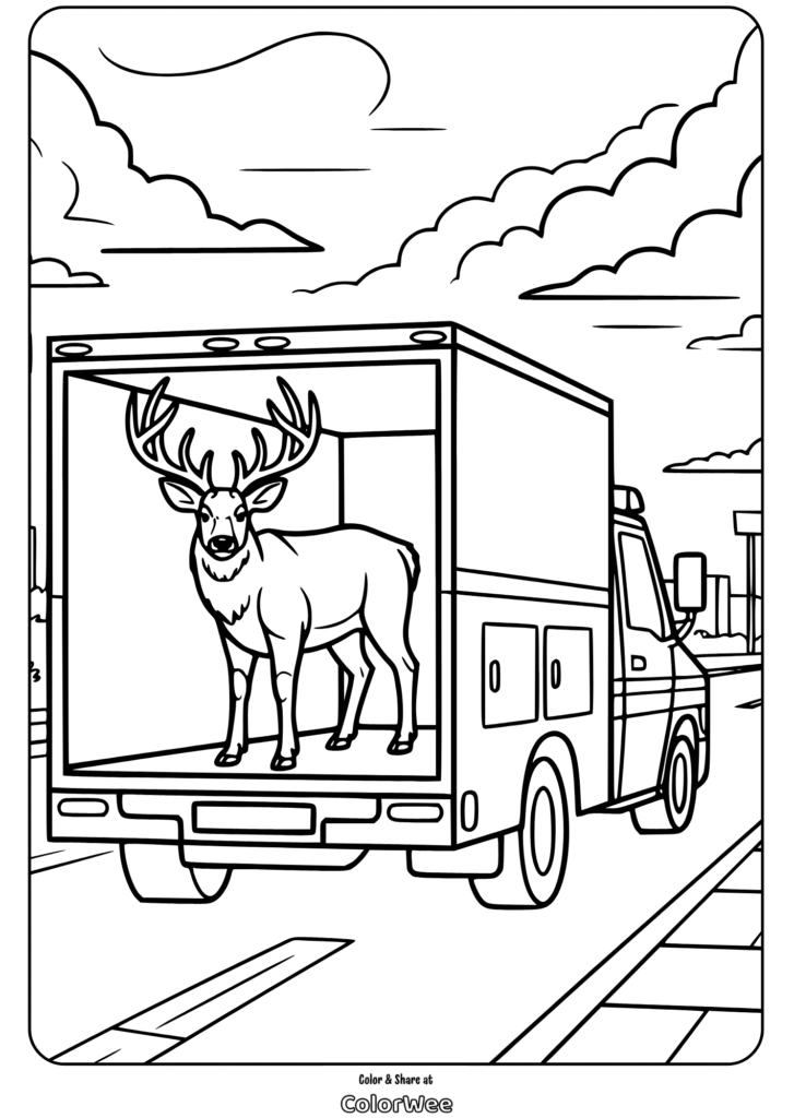 Deer in truck coloring page for kids to enjoy coloring time.