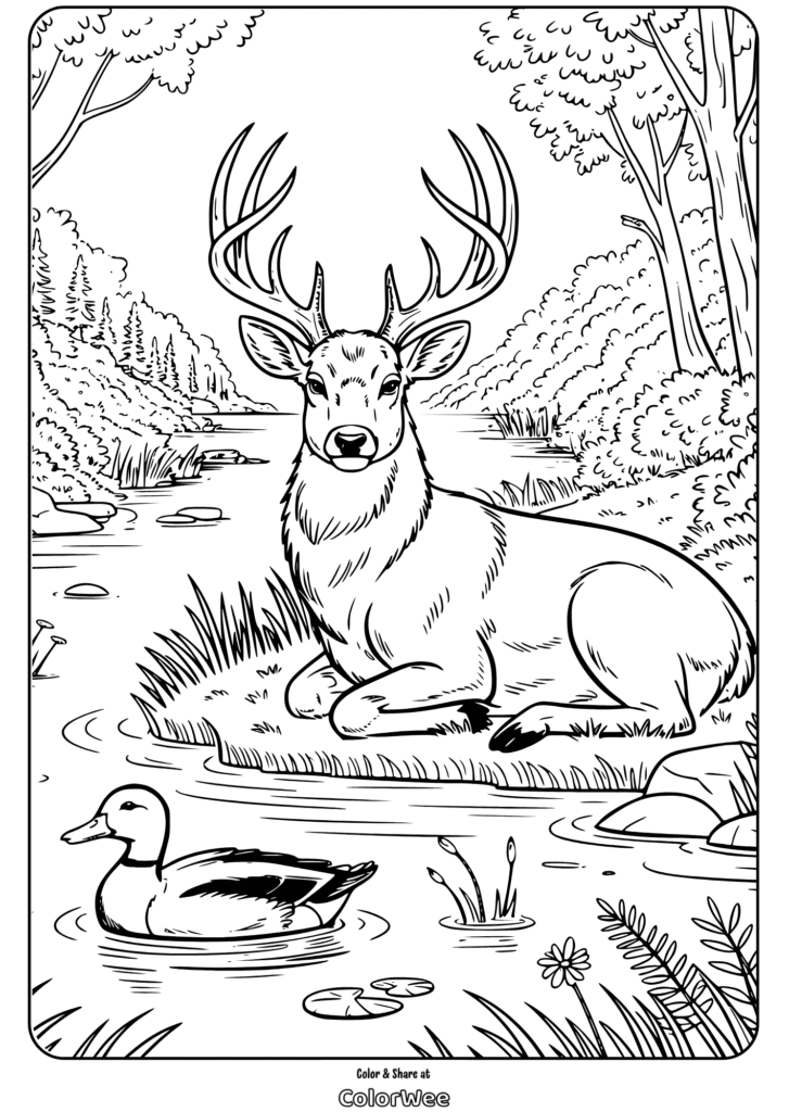 Deer and duck by forest stream coloring page scene.