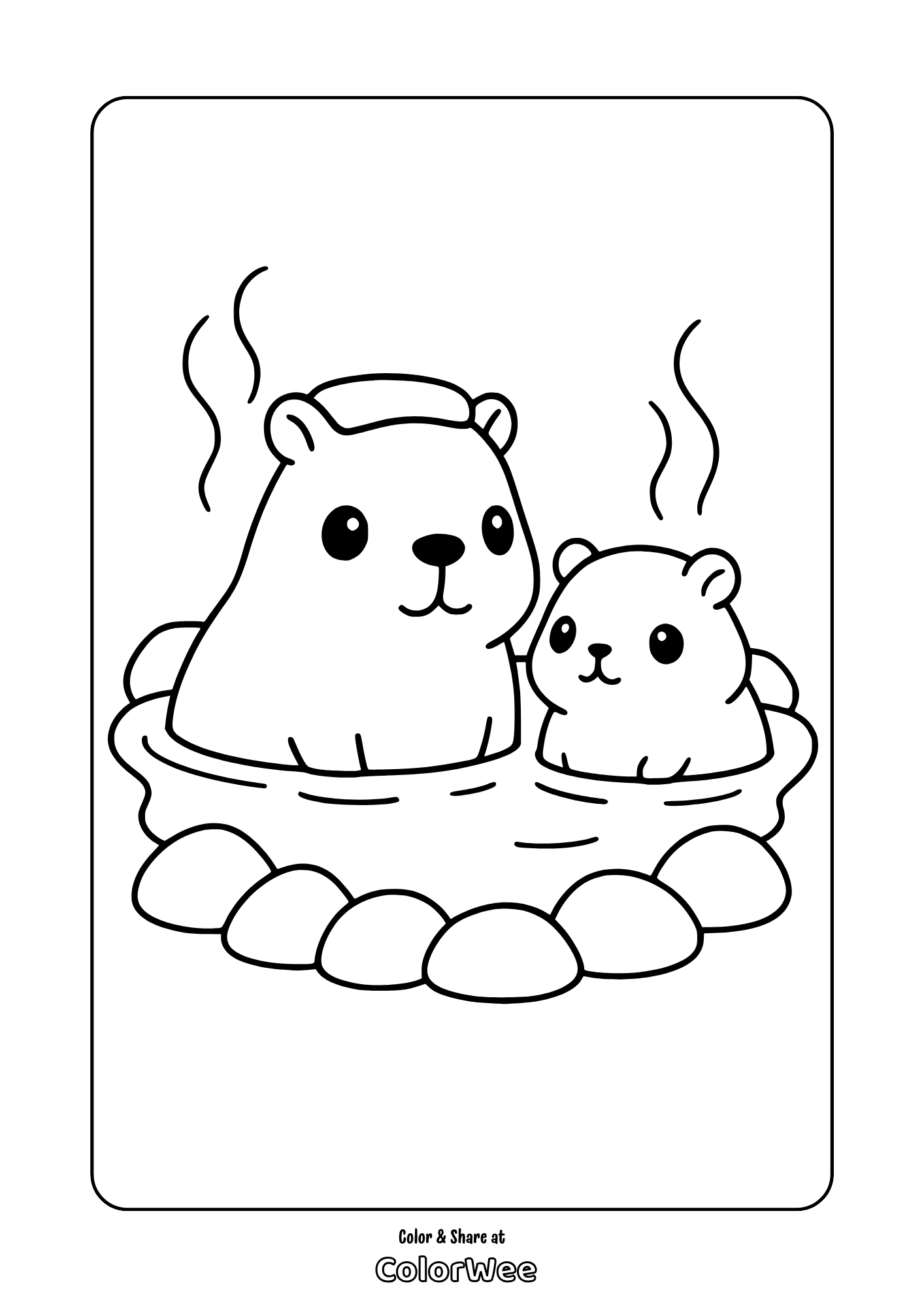 Capybara family relaxing in a cozy hot spring - coloring page.