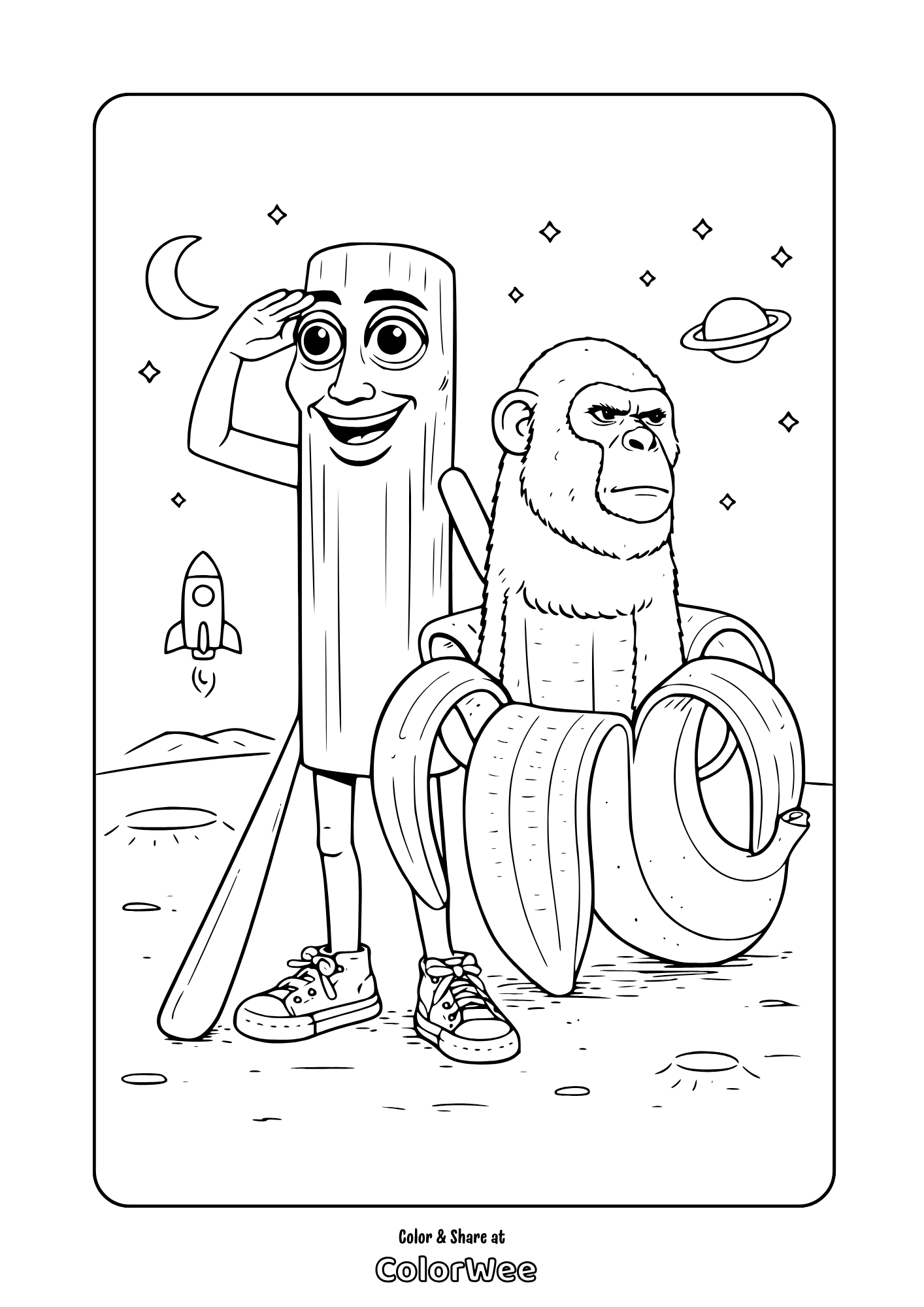 Chimpanzini Bananini and Tung Tung Tung Sahur are exploring the space Coloring Page.