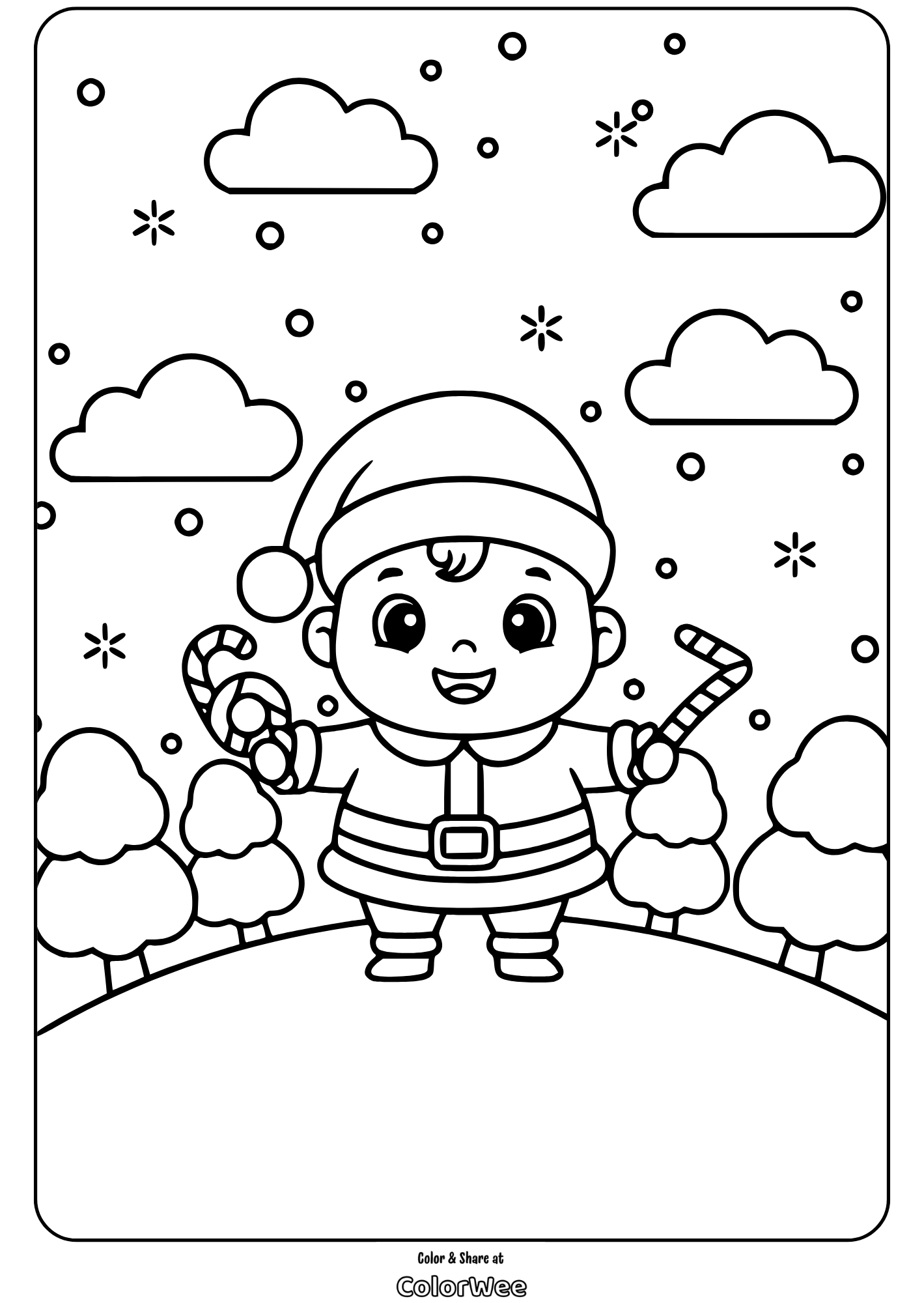 Cute Santa child holding candy canes coloring page.
