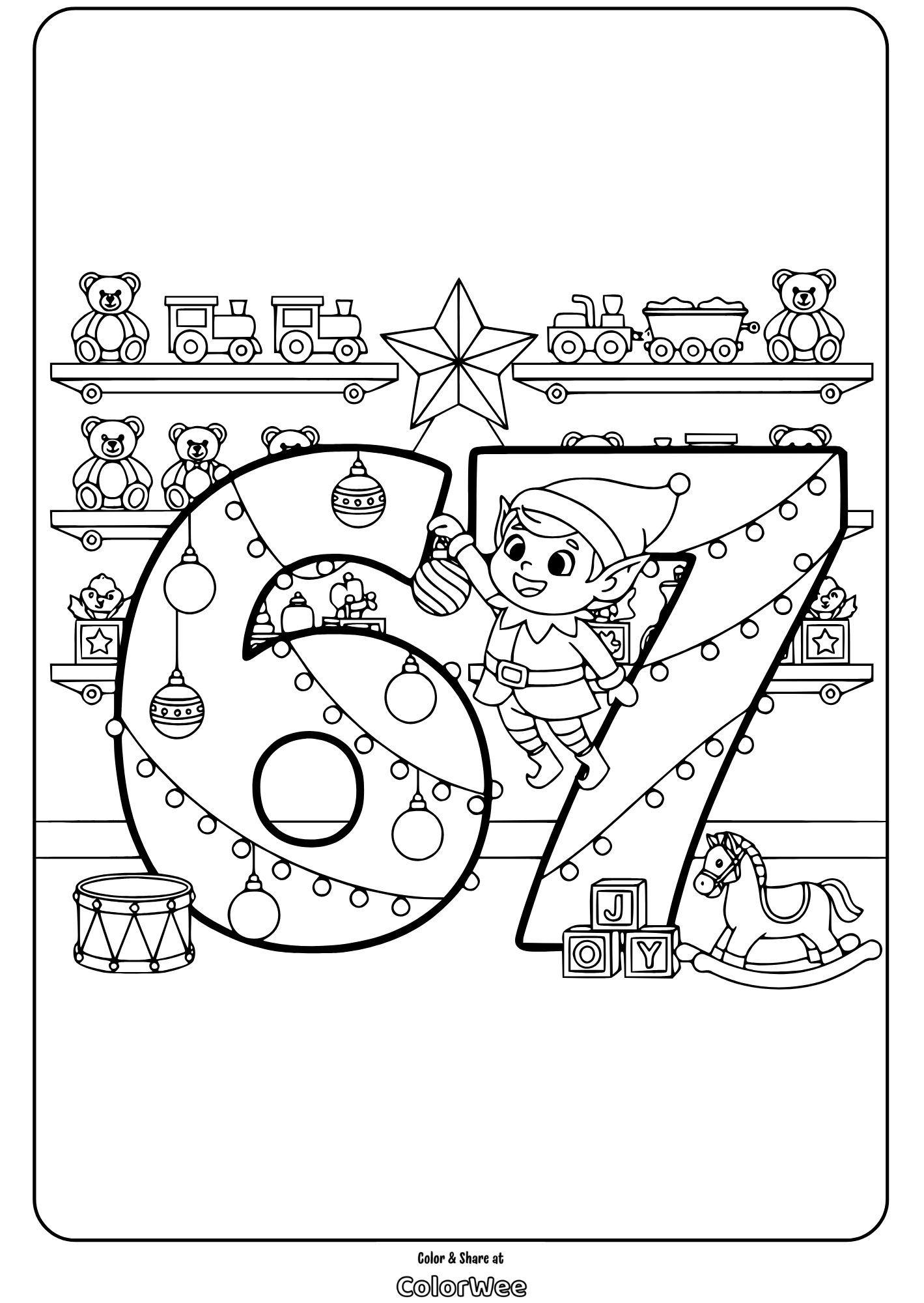 Festive elf decorating inside toy-filled room coloring page