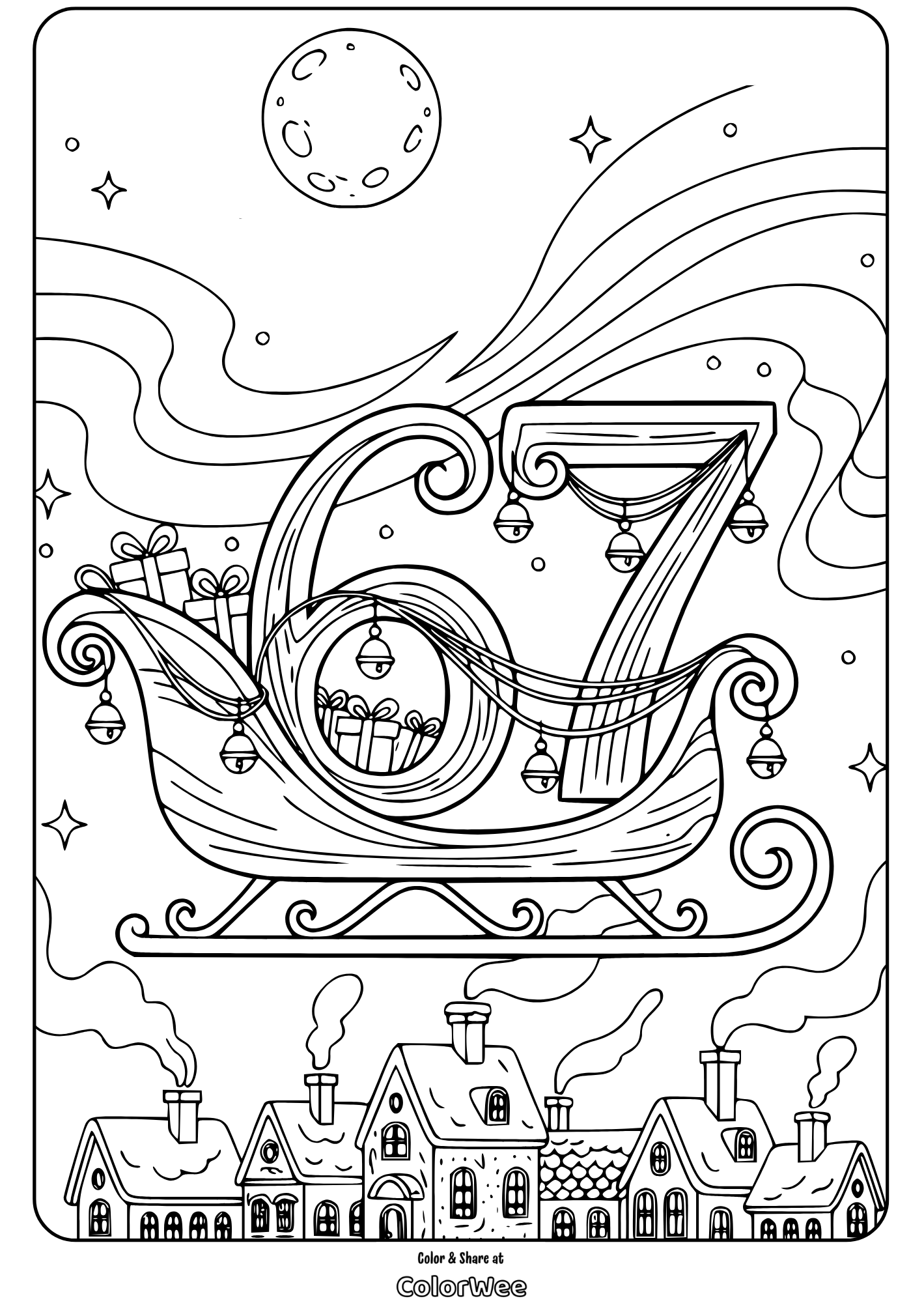 Christmas sleigh coloring page with gifts, moon, and village scene.