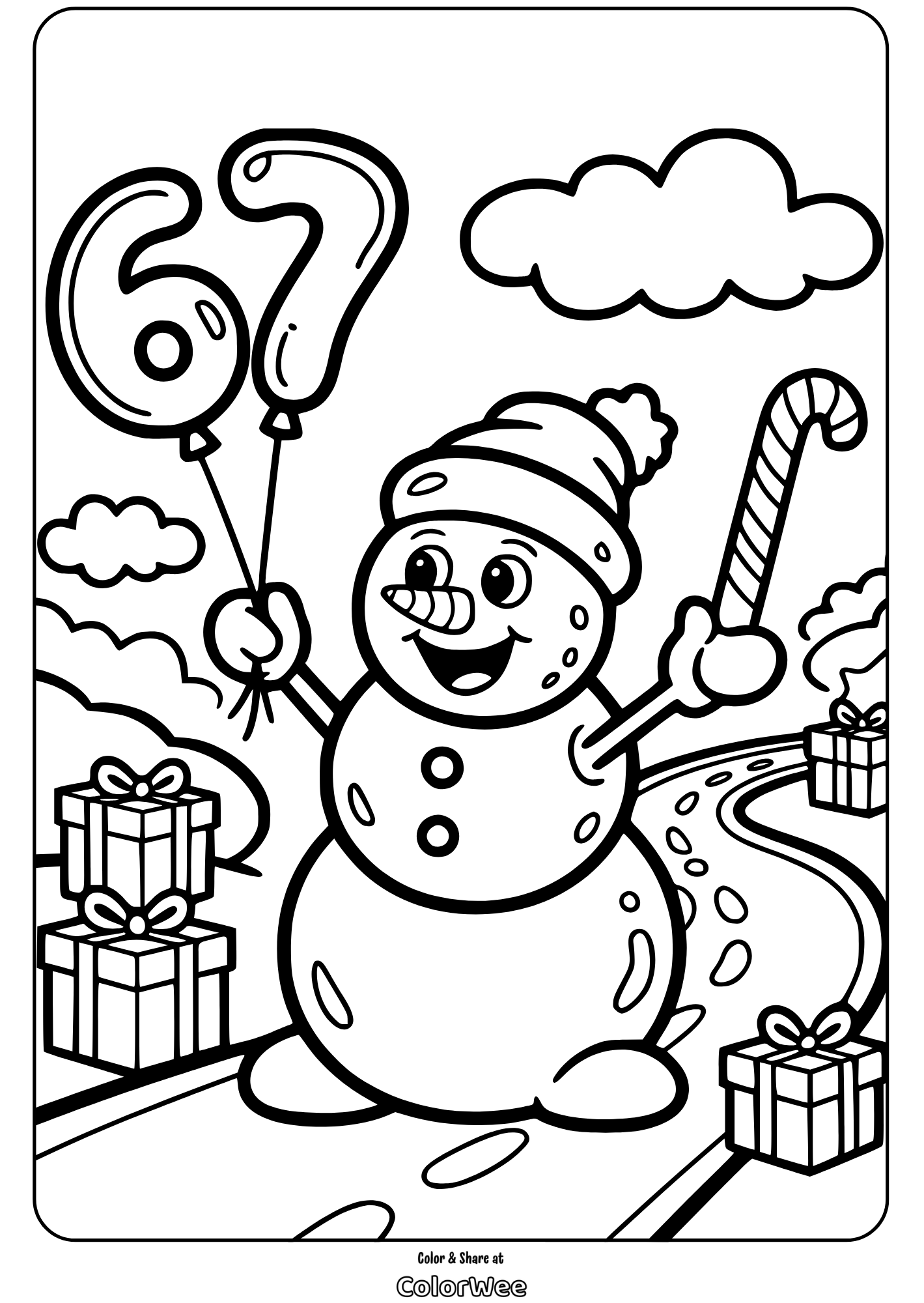 Snowman holding balloons and candy cane, surrounded by gifts.