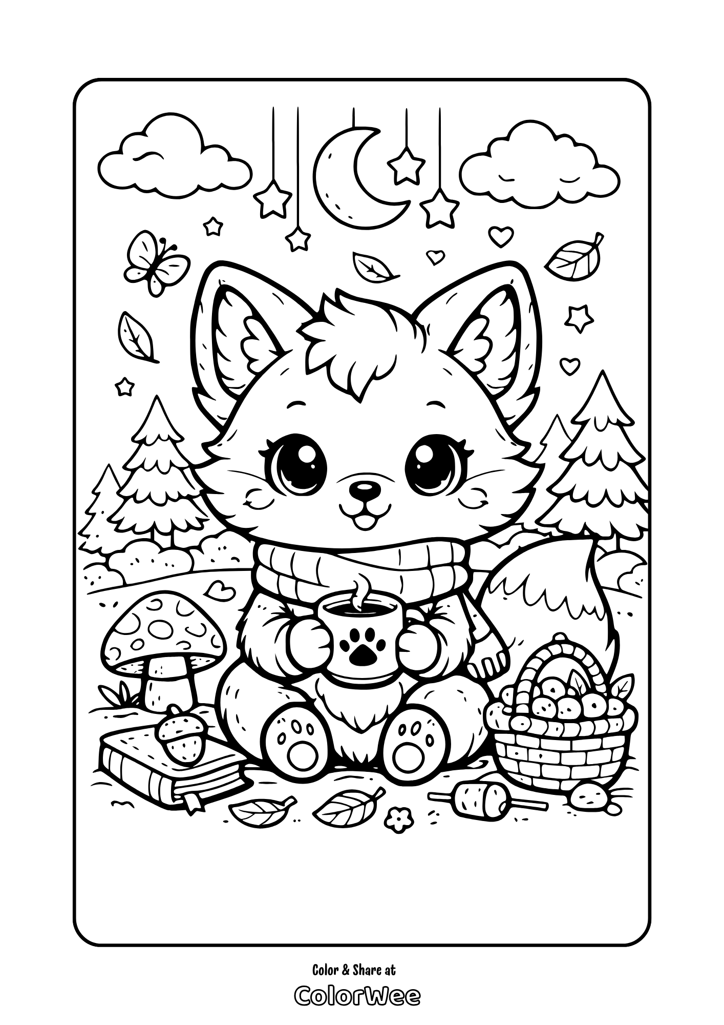 cozy fox coloring page Cute fox with hot drink in a cozy forest scene coloring page.