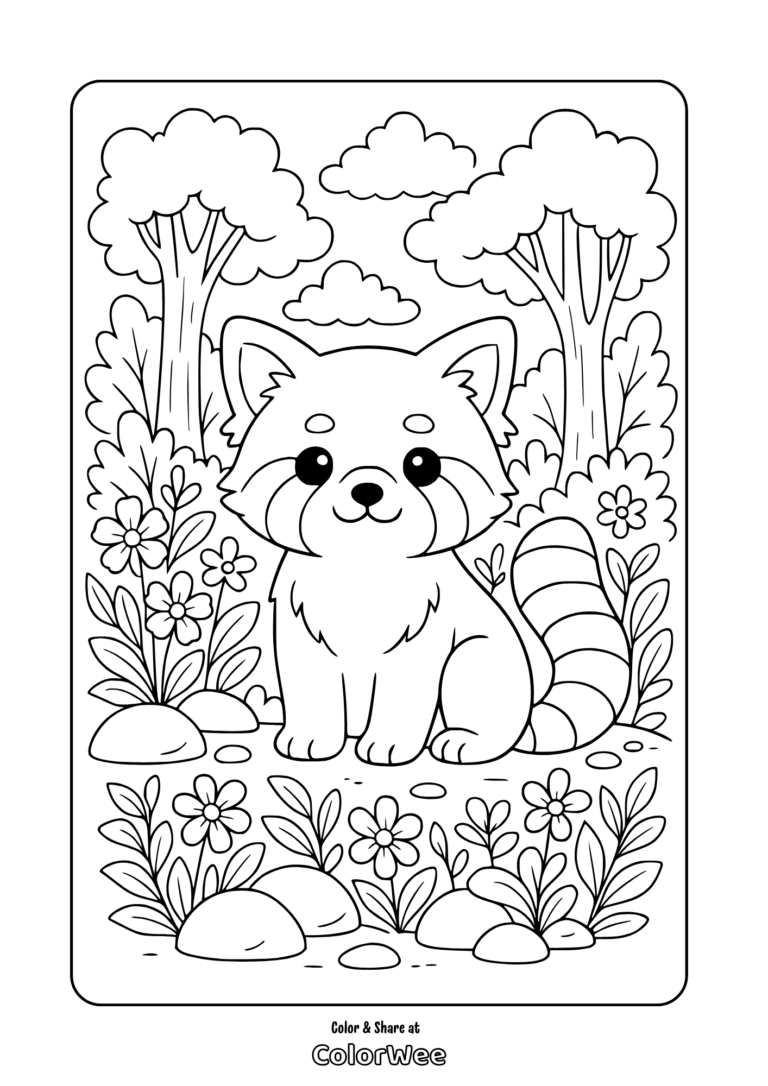 Adorable red panda in a forest coloring page for kids.