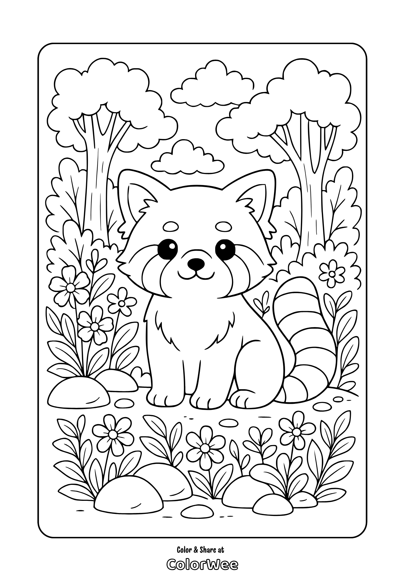 cute baby red panda medium difficulty coloring page Adorable raccoon in a forest coloring page for kids.