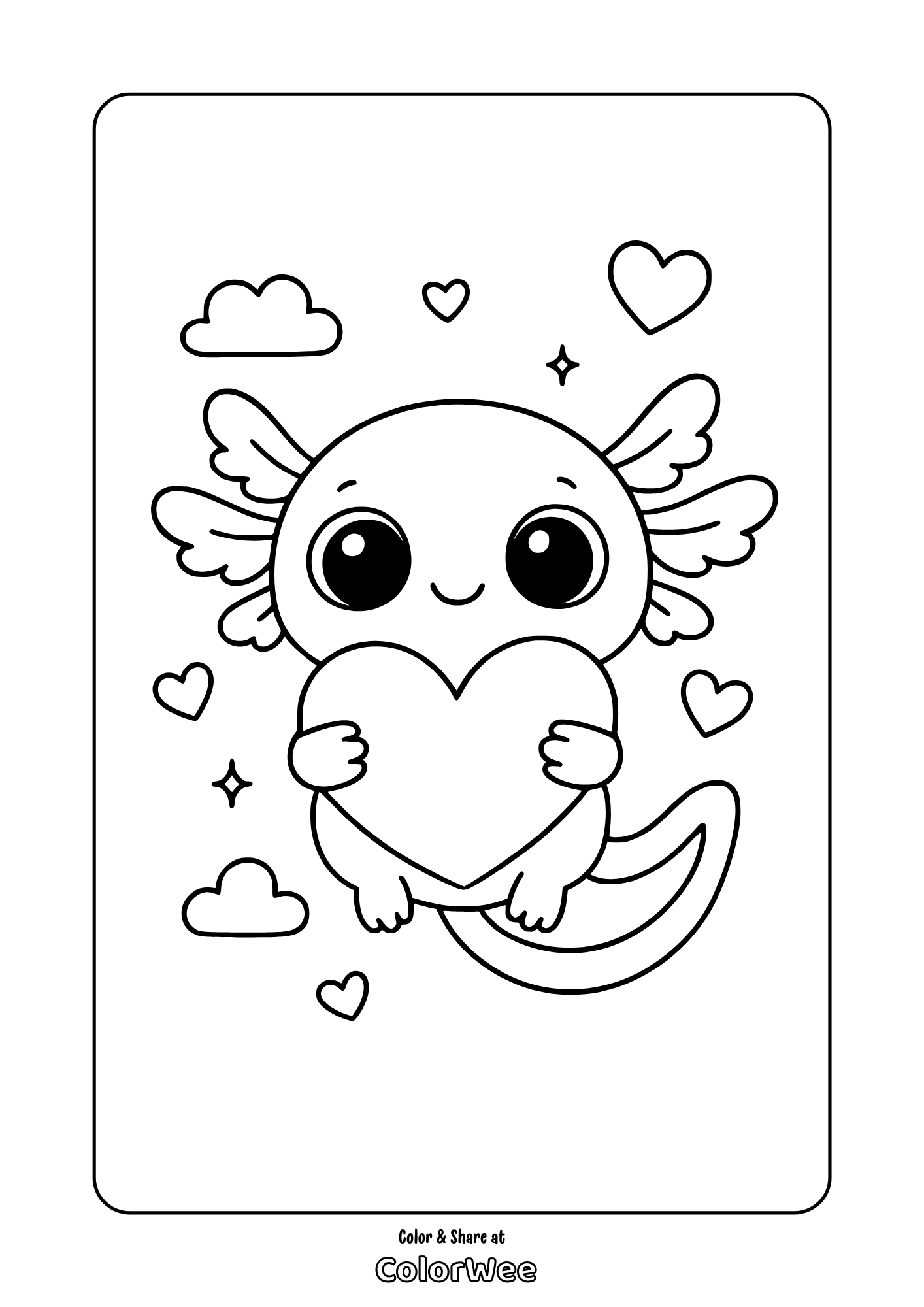 Cute big eyed kawaii axolotl holding a heart, surrounded by clouds and stars. Valentine Coloring page.