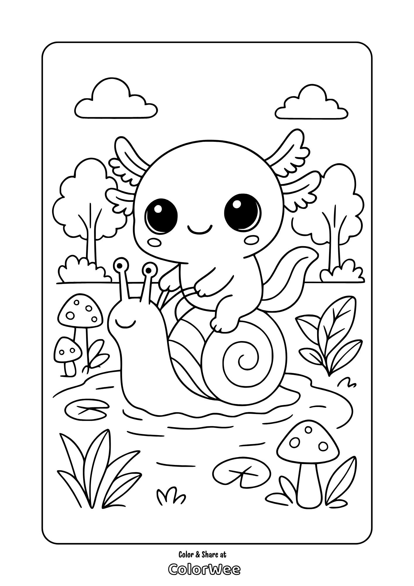 Cute big eyed kawaii axolotl riding a snail in a forest coloring page.