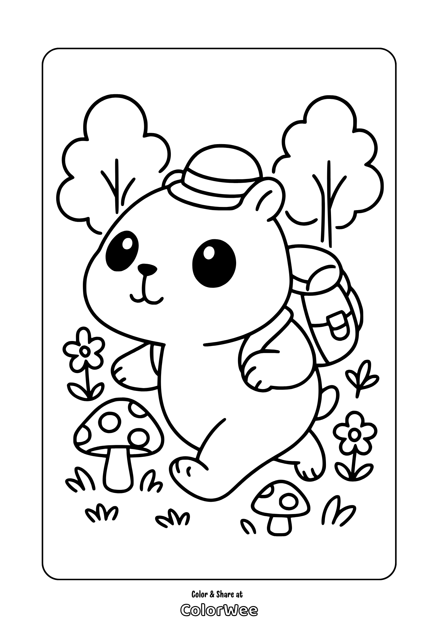Cute capybara hiking in nature coloring page for kids.