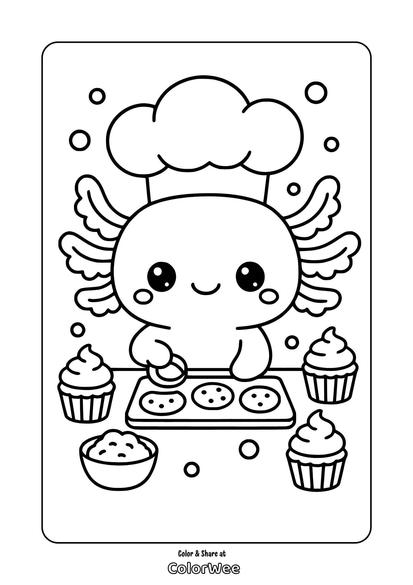Cute chef kawaii axolotl baking cookies and cupcakes coloring page.