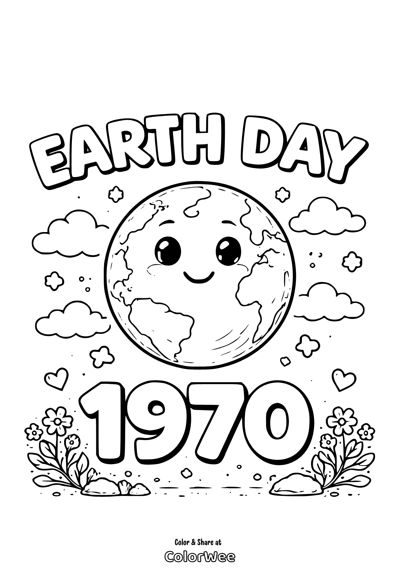 Cute Earth Day 1970 coloring page with smiling Earth and flowers.