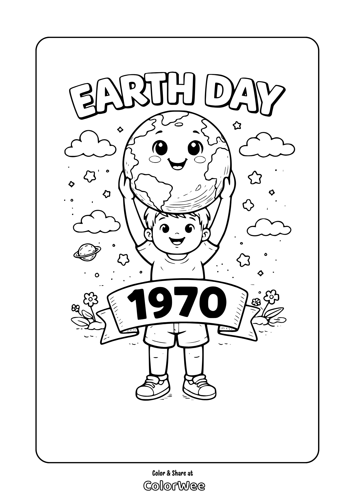 Cute Earth Day 1970 coloring page with smiling planet design.