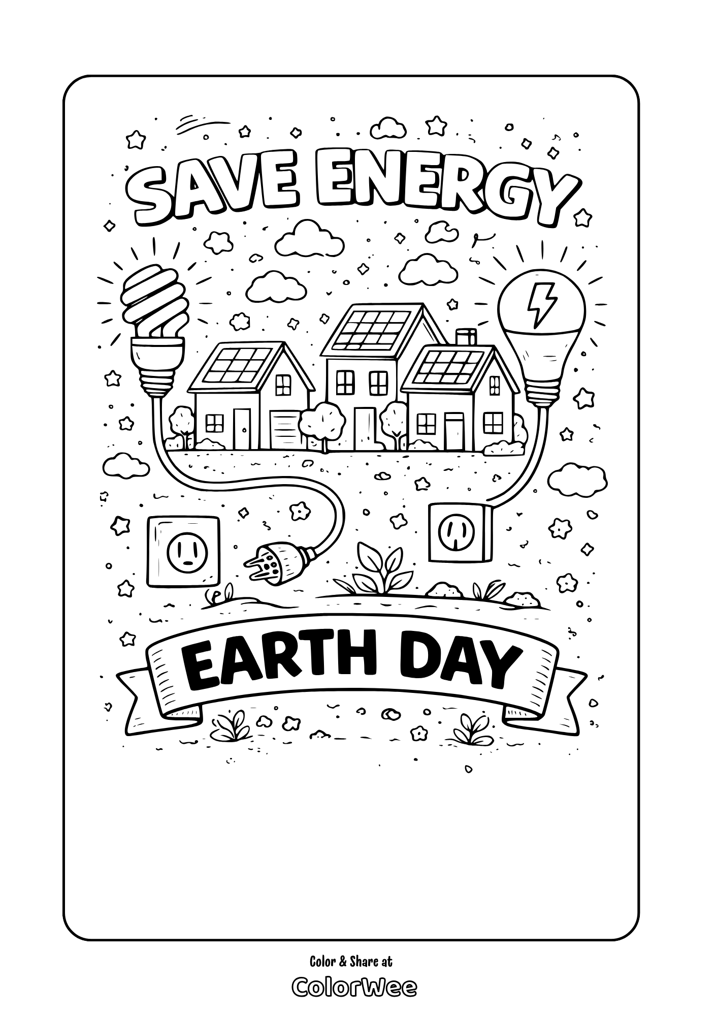 Cute Earth Day coloring page with happy planet and outer space theme.