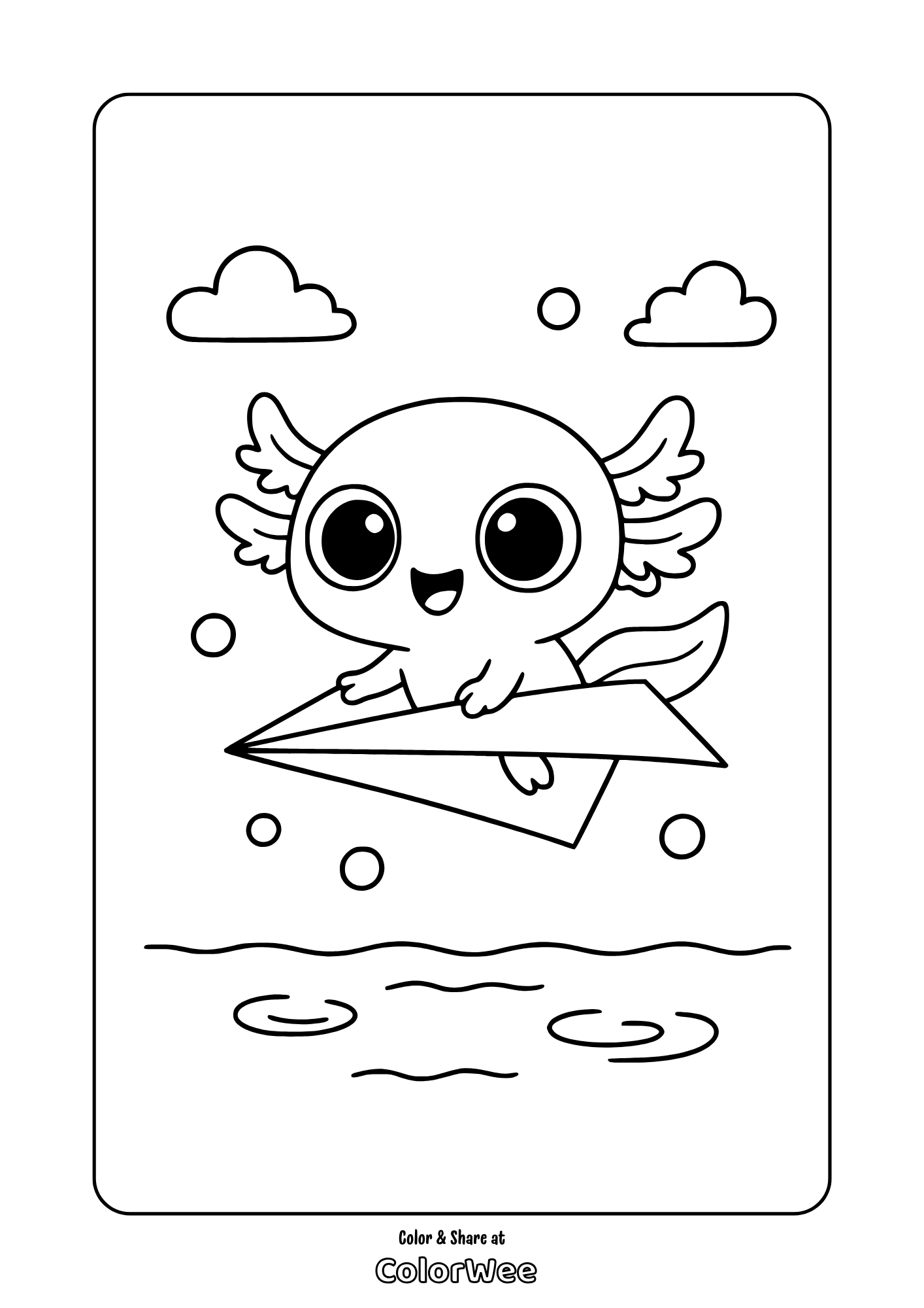 Cute kawaii axolotl flying on a paper plane coloring page.