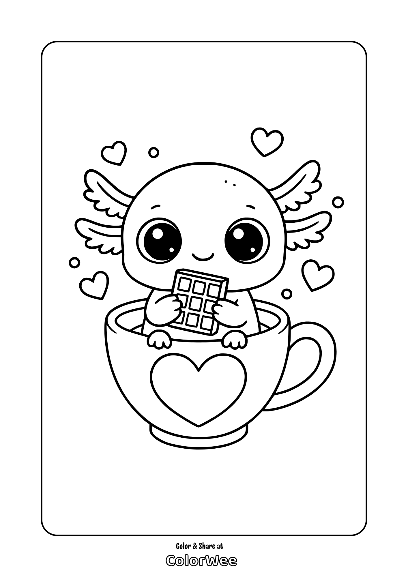 Cute kawaii axolotl holding chocolate in a heart mug valentine coloring page.