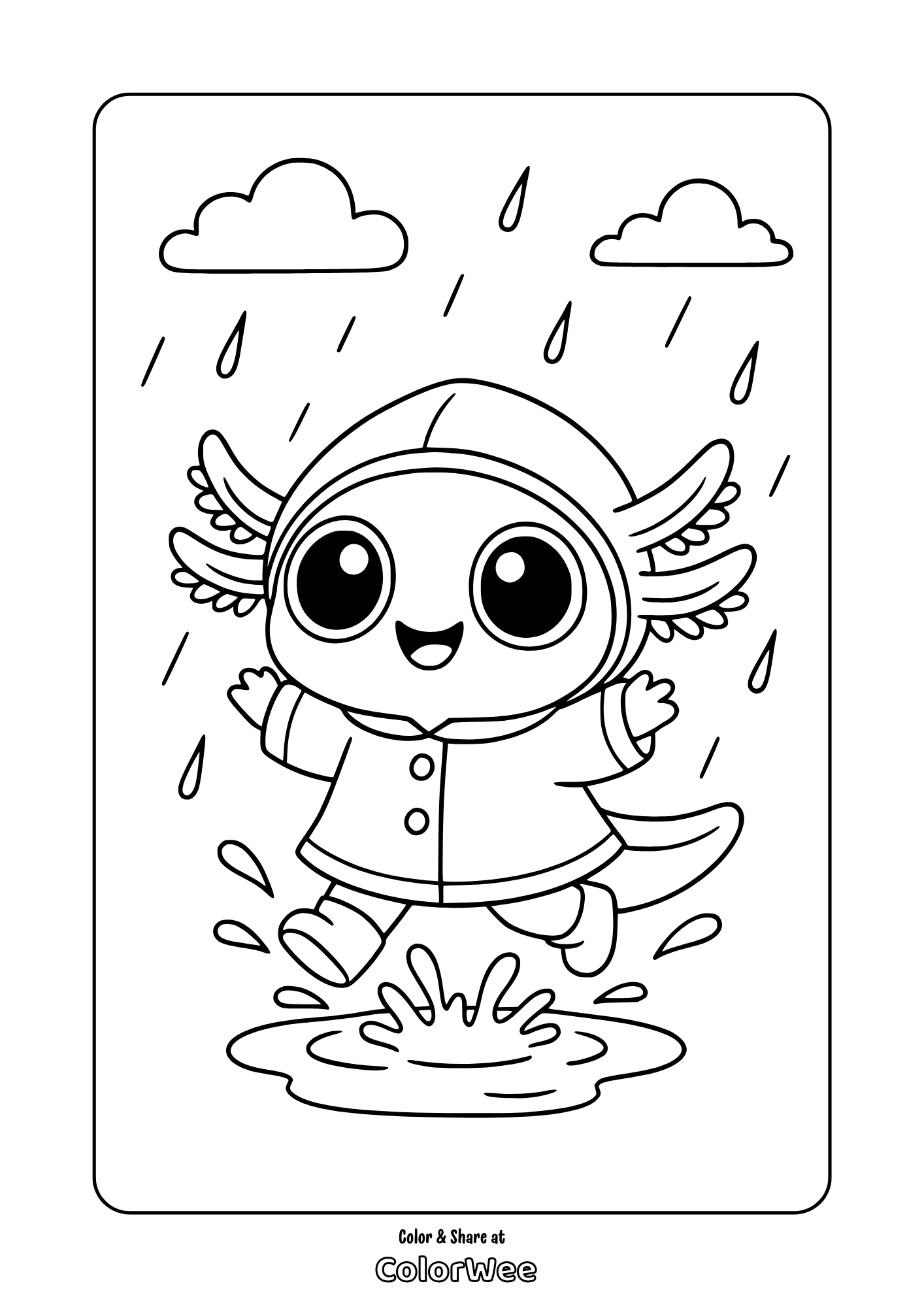 Cute kawaii axolotl jumps in rainy puddle coloring page.